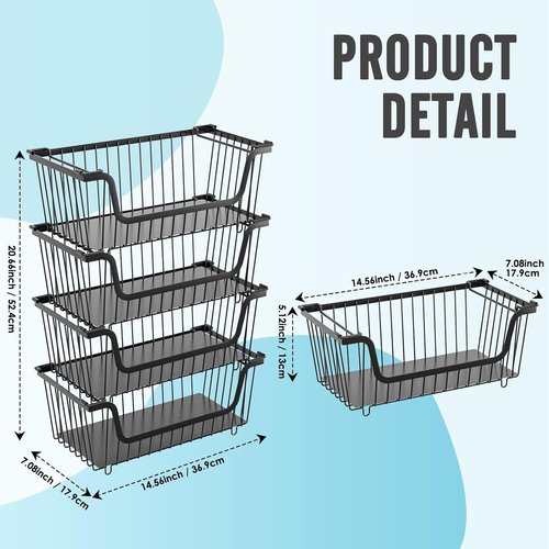 GAOKASE Stackable Wire Baskets - Kitchen Pantry Organizers for Fruits & Vegetables | Black, 4 Pcs