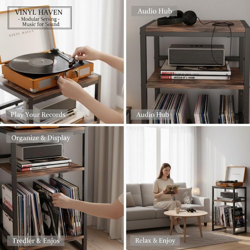 ZEXVIDA 3-Tier Vinyl Record Player Stand, End Table for Album Storage, 28" H Record Player Stand with Storage Up to 120 Albums, Side Table for Living Room Bedroom (Rustic Brown)