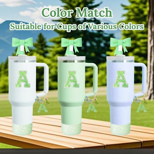 6PCS Green Stanley Cup Accessories Set for Stanley Cup 30 40oz Tumbler with Handle, Including Silicone Bow Straw Covers Cap, Spill Proof Stopper, Glitter Silicone Boot, Handle Charm, letter Patch (A)