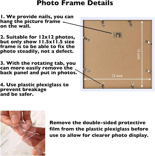 JCJMY 12x12 Inch Picture Frame - Versatile Horizontal & Vertical Wall Hanging | Shatter-Resistant Plexiglass, White