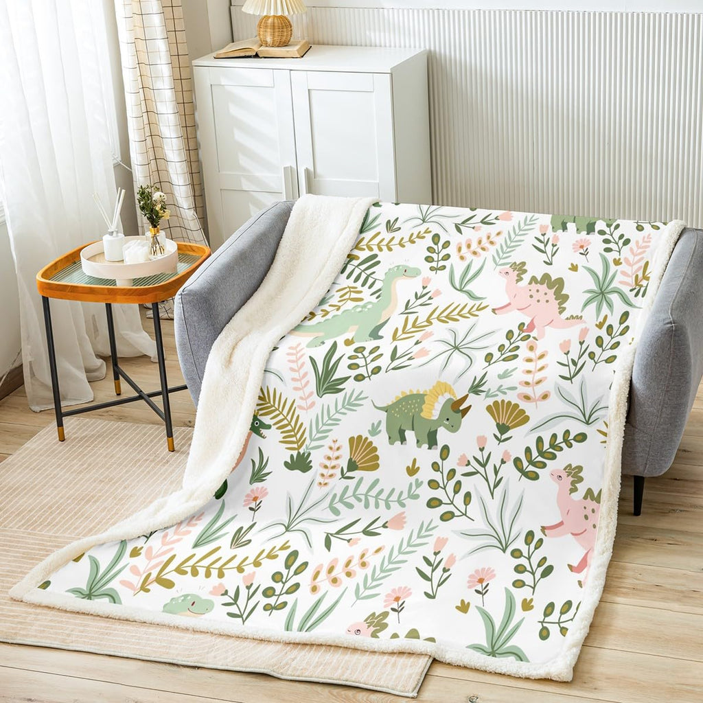 Castle Fairy Cute Dino Kids Plush Blanket,Kawaii Pink Green Dinosaur Bed Blanket Home Decor Gift,Cartoon Wildlife Floral Leaves Plant Modern Style Fuzzy Blanket Office Chair, X Size (40 x 50 Inch)