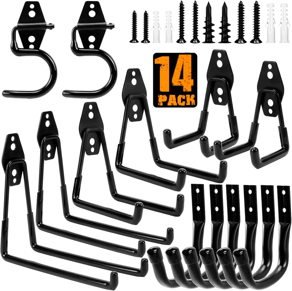 TocTen Garage Hooks - Heavy Duty Solid Steel Wall Mount Storage Kit | 14 Pack with Anti-Slip Coating for Tools & Ropes (Black)