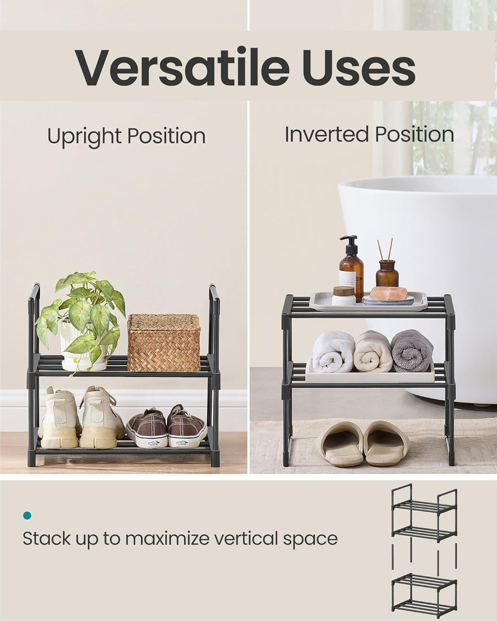 SONGMICS Shoe Rack - 2-Tier Metal Organizer for 3-6 Pairs | Stackable & Versatile Design, Black 11.8 x 16.7 x 14.8 Inches
