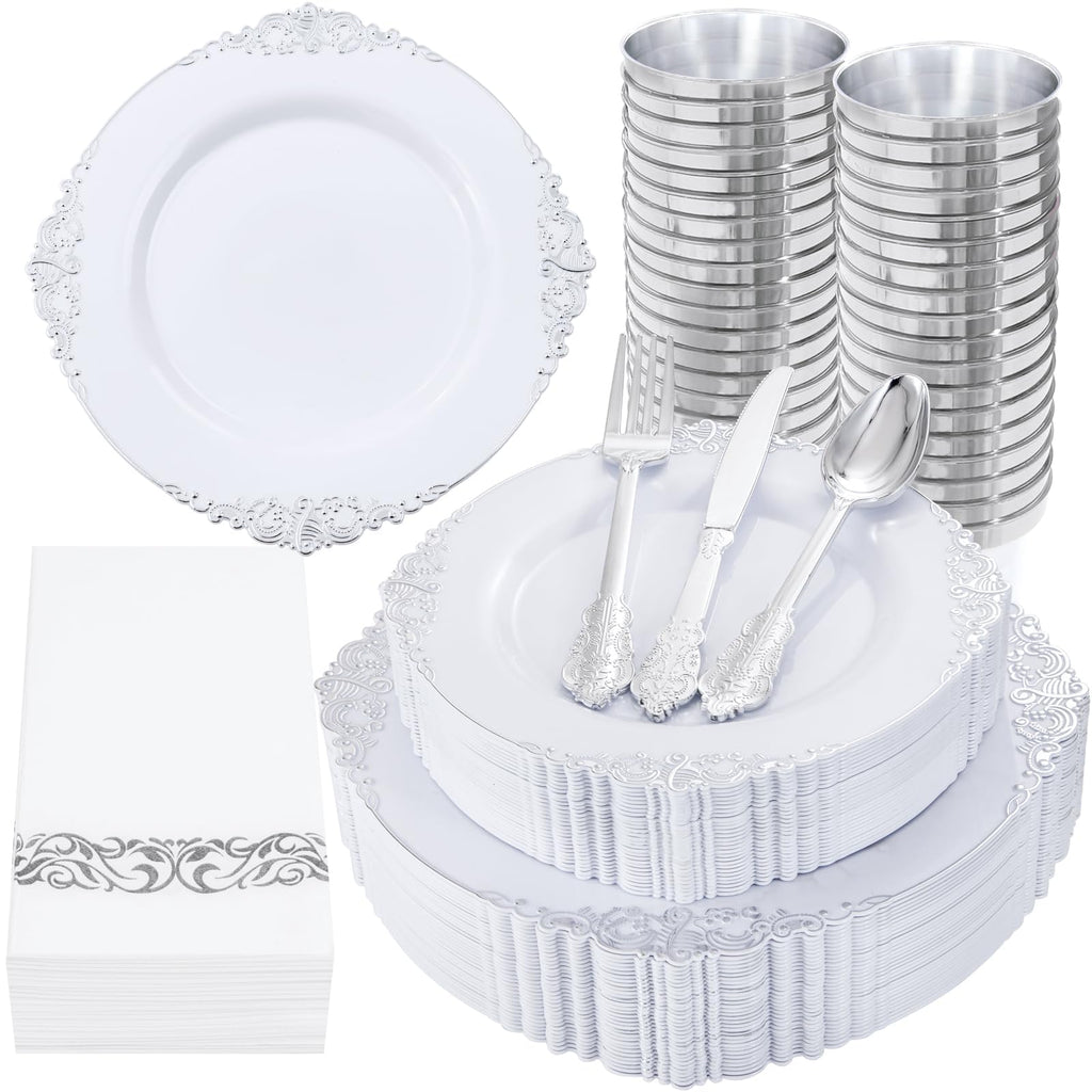 Nervure 350PCS Silver Plastic Dinnerware - White and Silver Disposable Plates for 50 Guests - 100 Disposable Plates, 150 Plastic Silverware, 50 Cups, 50 Napkins for Wedding & Party