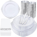 Nervure 350PCS Silver Plastic Dinnerware - White and Silver Disposable Plates for 50 Guests - 100 Disposable Plates, 150 Plastic Silverware, 50 Cups, 50 Napkins for Wedding & Party