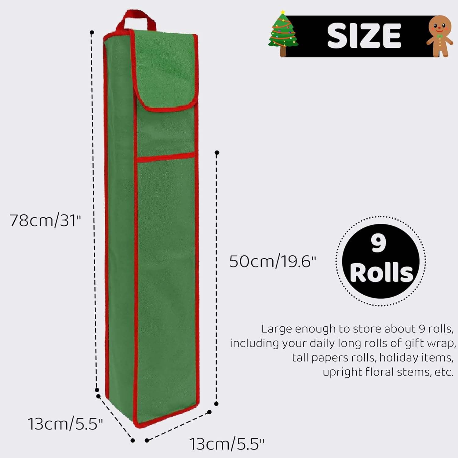 OUTTDID Wrapping Paper Storage Bag - 31" Gift Organizer with Pocket for Crafts | Holds 9 Rolls, Green