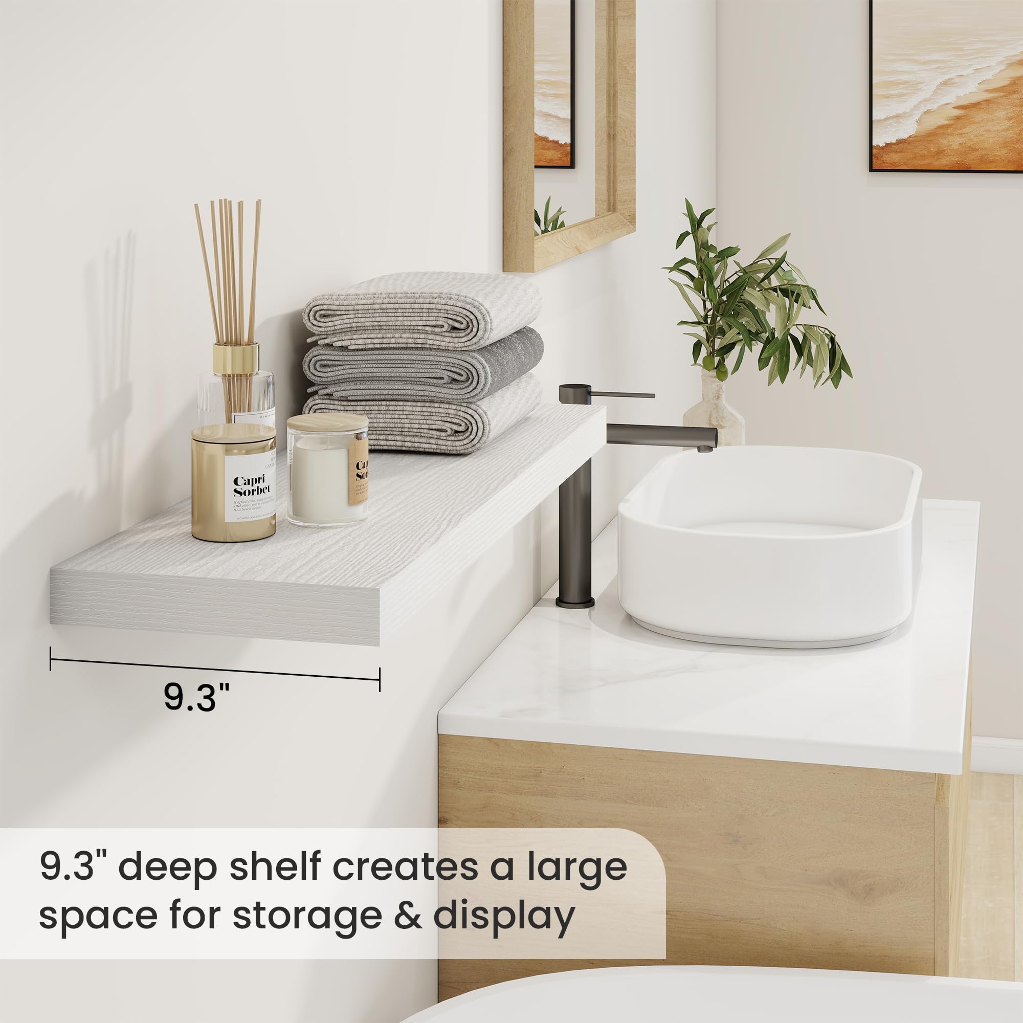 Fun Memories 9.3Inch Deep Floating Shelves for Wall, 32 Inch Rustic Wood Wall Mounted Shelves for Bathroom, Bedroom, Kitchen, Deep Floating Shelf for Storage & Home Decor (White, Set of 2)