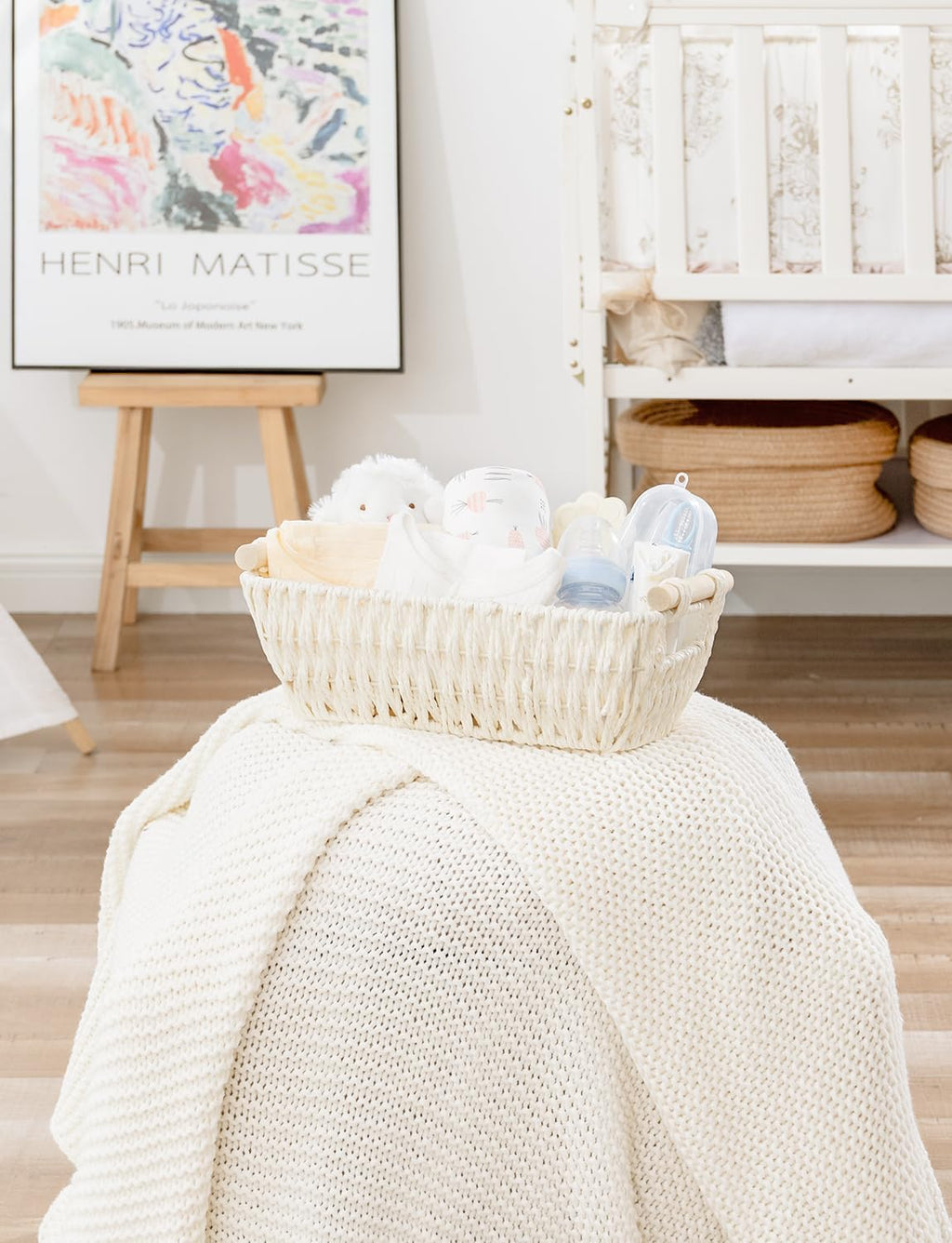 StorageWorks Round Woven Paper Rope Baskets - Stylish Beige 2-Pack with Wooden Handles for Gifts