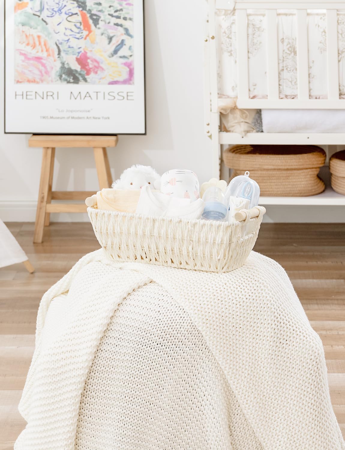 StorageWorks Round Woven Paper Rope Baskets - Stylish Beige 2-Pack with Wooden Handles for Gifts