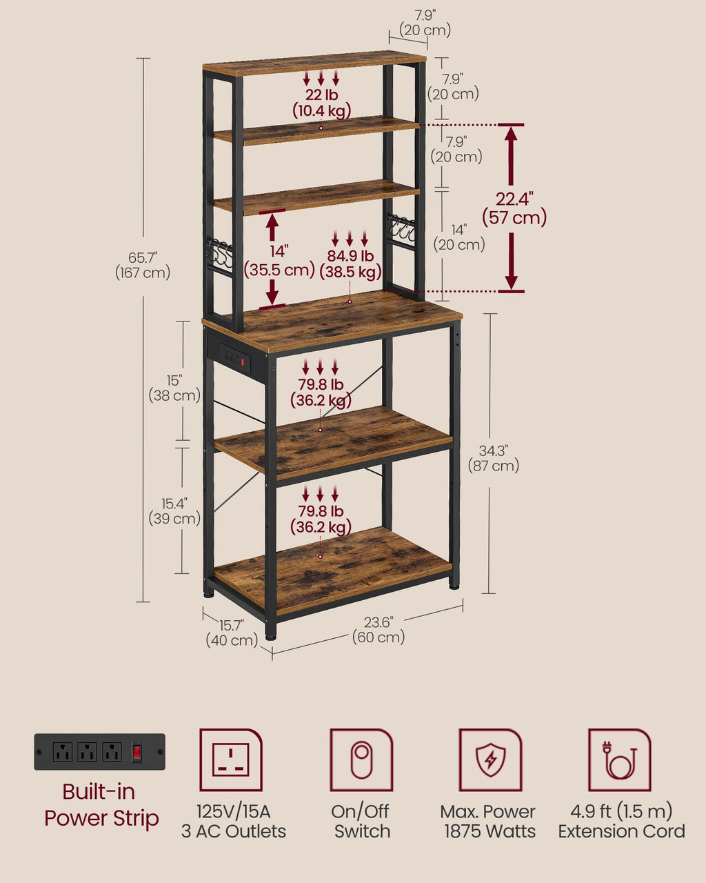 VASAGLE Bakers Rack with Power Outlet, 23.6 Inches Coffee Bar for Kitchen with Storage, 6-Tier Kitchen Shelves with 6 Hooks, Microwave Stand, Industrial, Rustic Brown and Ink Black UKKS124K03
