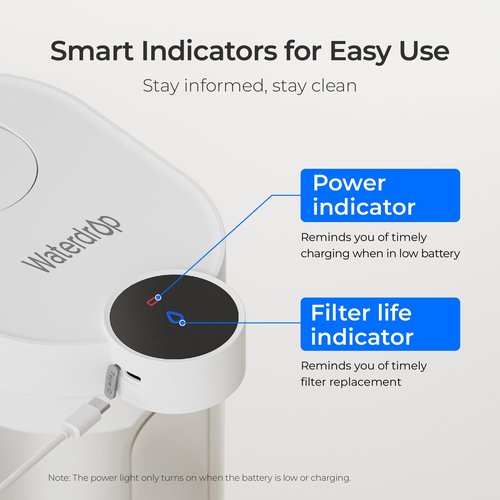Waterdrop FreshTaste Instant Water Filter Pitcher with 2 Filters, Rechargeable Powerful Dispenser, Reduce Chlorine, Lead, Copper, Purify, Soften Water, 17-Cup, White, Does not Lower TDS