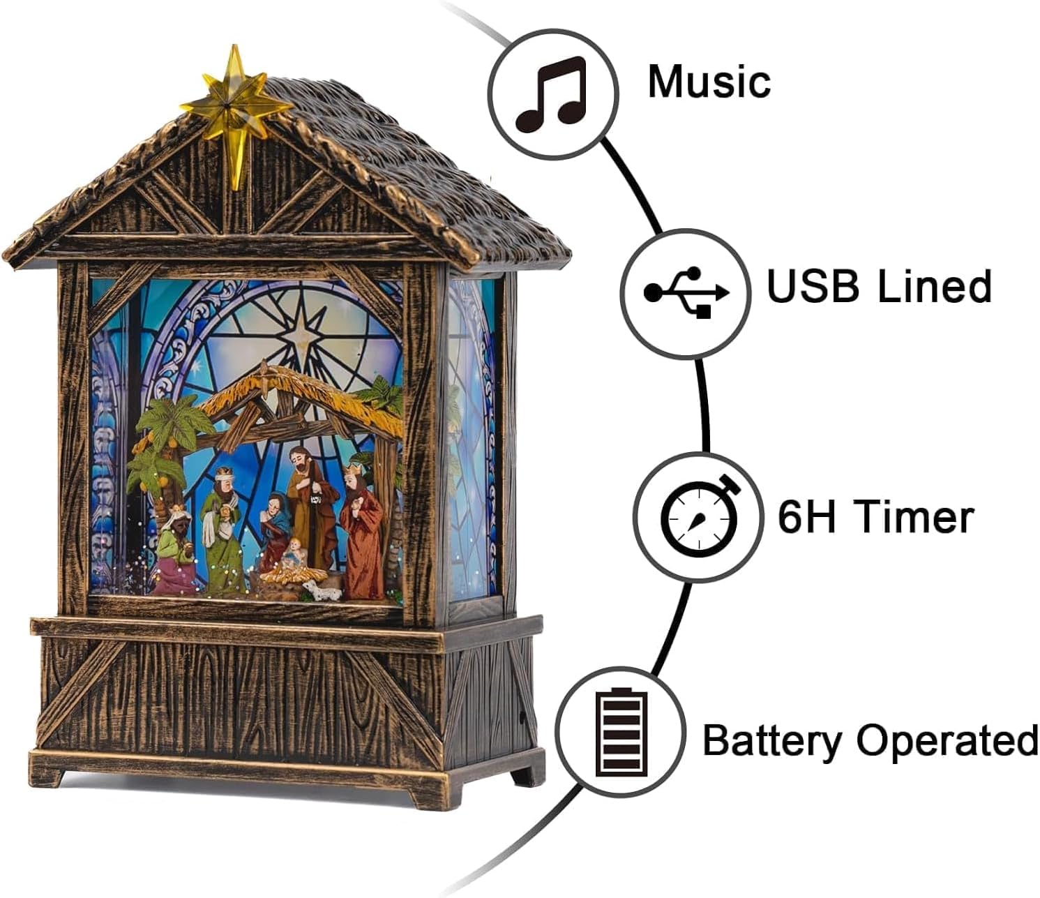 Regine Switzerland Christmas Snow Globe Lantern - Musical Nativity Scene Decor | 6-Hour Timer, USB/Battery Operated