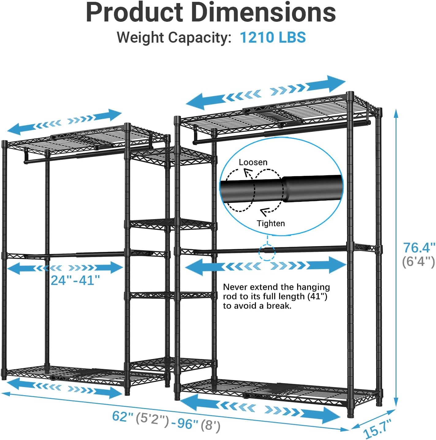 VIPEK X3 Heavy-Duty Expandable Clothes Rack - Adjustable 5'2" to 8' with Shelves & Hanger Rods | Max Load 1210LBS, Black