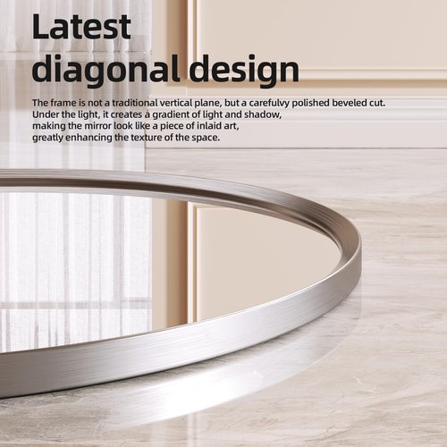 YYXW Brushed Nickel Round Bathroom Mirror for Wall, 24 inch Sliver Circle Mirror for Wall, New Frame Design, Tempered Glass,Wall Mounted Circle Mirror for Vanity, Entryway, Bedroom, Restroom