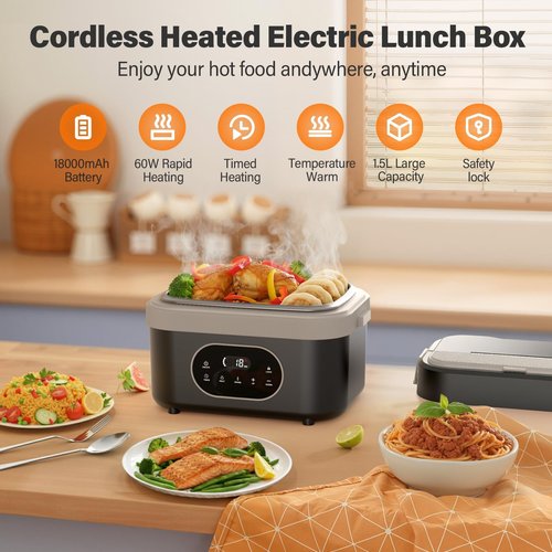 Furnovo Cordless Electric Lunch Box for Adults: 1.5L Heated Lunch Box for Men Women with Automatic Heating 18000mAh Rechargeable Portable Food Warmer with Bag and Tray Divider for Office Truck Outdoor