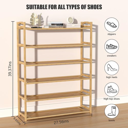 RESTSUKO 6-Tier Free Standing Shoe Racks, Bamboo Wood Shoe Rack for Entryway & Closet, Holds up to 24 Pairs of Shoes