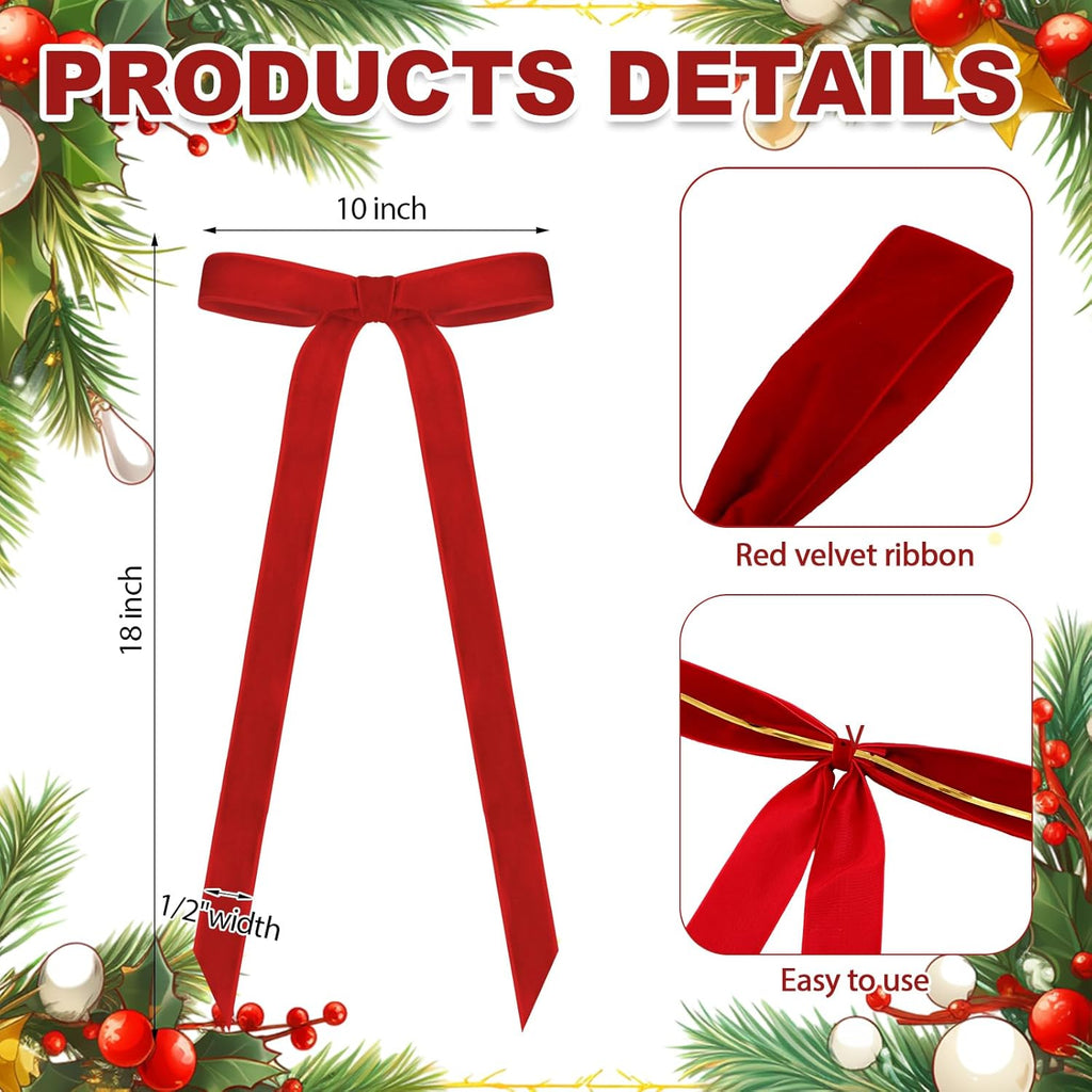Regine Switzerland Velvet Bows - 24 Pcs Vintage Ribbon for Christmas Tree & Crafts | Red, 9 x 13 Inch