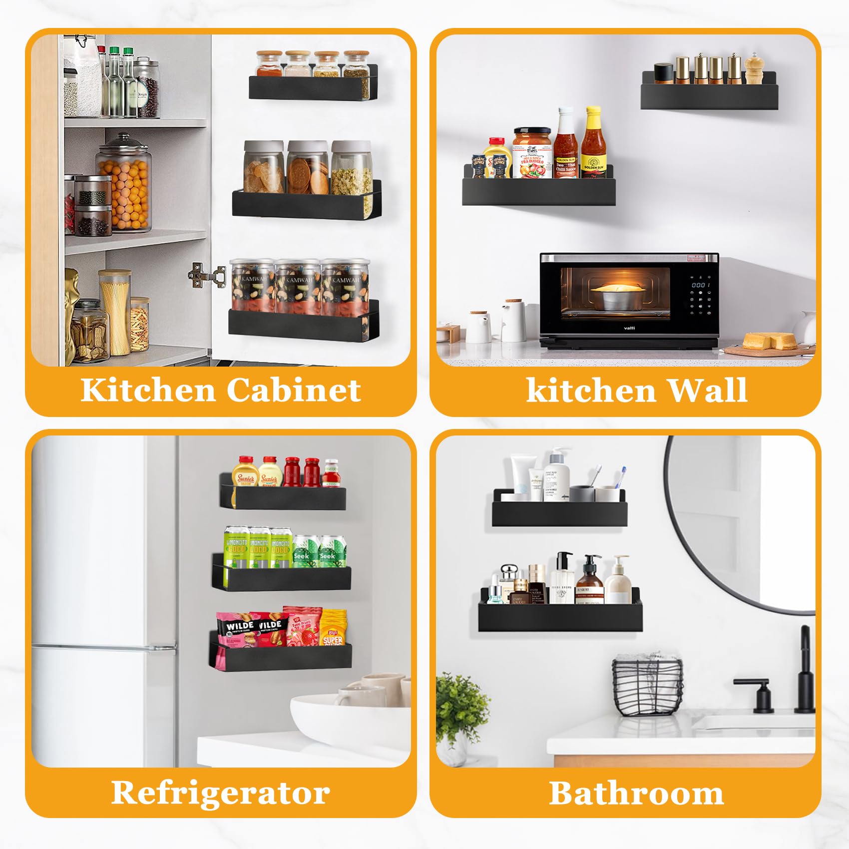 SYLLENHOD Kitchen Spice Rack for Wall: 2 Packs Black Adhesive Spice Racks Wall Mount - 11.8" Large Hanging Storage Organizer Cabinet Without Drilling for Work Room Bathroom Shelves