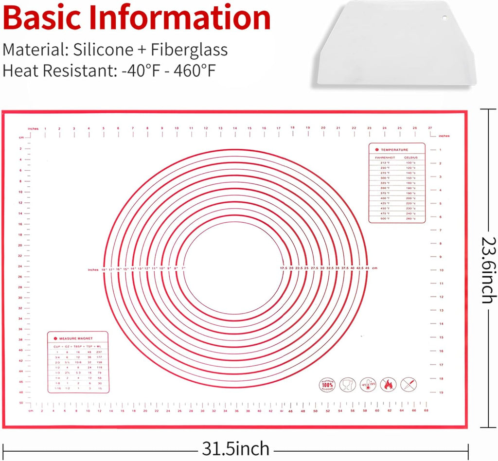 Skiennix Silicone Baking Mat - Super Large 32x24 Inch Non-Stick Pastry Mat with Dough Scraper & Ties