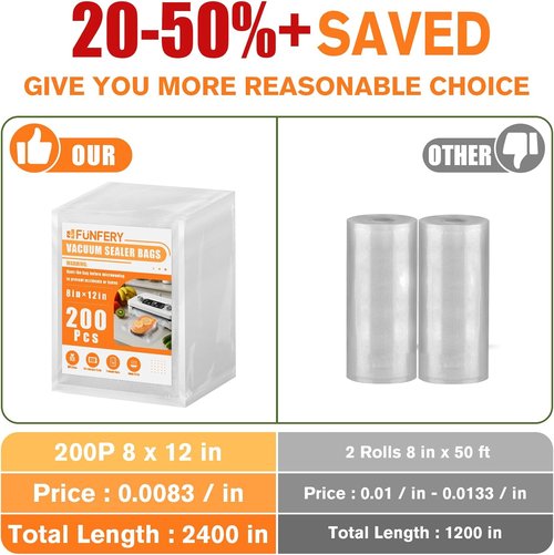 FUNFERY Vacuum Sealer Bags - Precut Food Storage Solution | 200 Quart, 8" x 12", BPA Free for Sous Vide & More