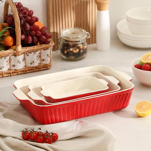 DOWAN Casserole Dishes - Set of 3 Rectangular Ceramic Baking Dishes | 135 oz Capacity, Red (15.6''/12.2''/8.9'')