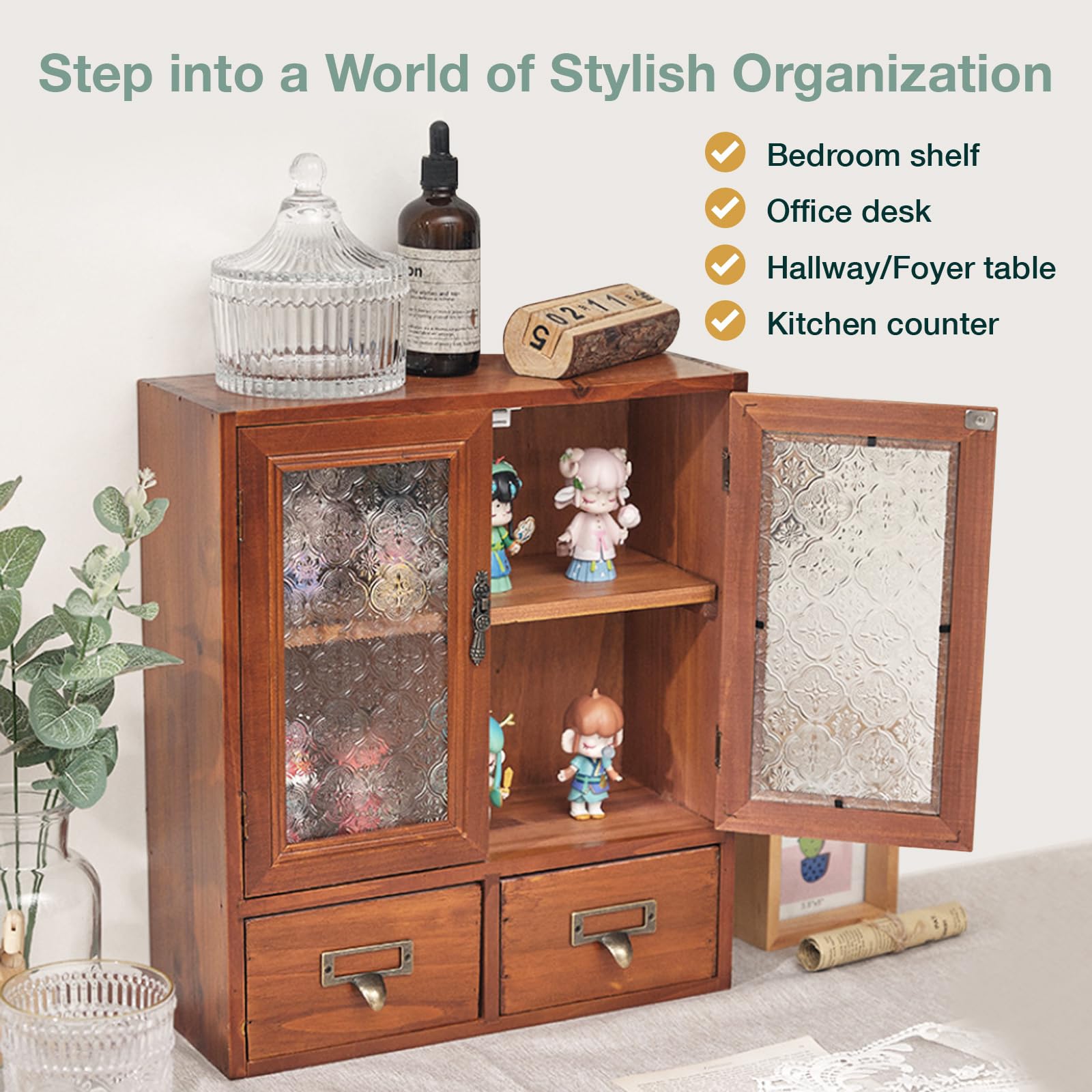 Geometric Motif Mahogany Storage Cabinet with Floral-Embossed Pressed Glass Doors – Victoria Floral Patterned Display Cupboard with 2 Drawers for Kitchen, Pantry and Countertop Organization