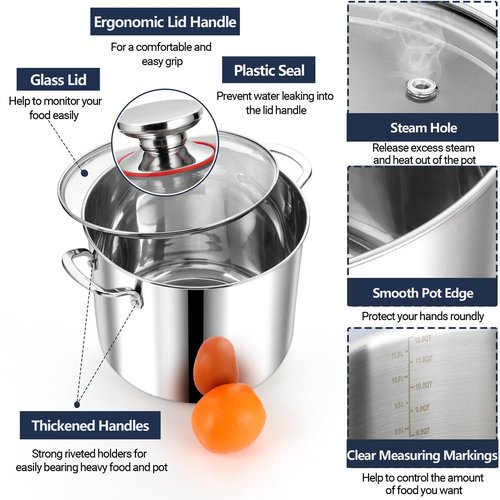 P&P CHEF 12 Quart Stainless Steel Stock Pot with Lid, Large Stockpot for Cooking Pasta Soup, Cookware for Induction Gas Electric Stoves, Visible Lid & Measuring Markings, Dishwasher Safe
