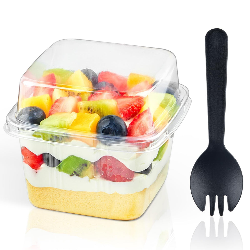 Zezzxu 100 x 8 oz Dessert Cups with Lids and Spoons, Square Plastic Dessert To-Go Containers with Dome Lids & Sporks for Yogurt Parfait, Fruit, Pudding, Cake, Mousse, Tiramisu