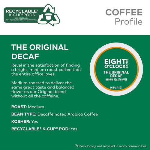 Eight O'Clock Coffee Decaf Medium Roast K-Cup Pods - Single-Serve, 60 Count for Convenient Brewing