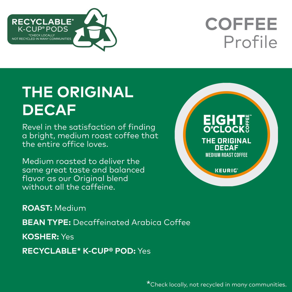Eight O'Clock Coffee The Original Decaf, Single-Serve Coffee K-Cup Pods, Medium Roast, 12 Count (Pack of 6)