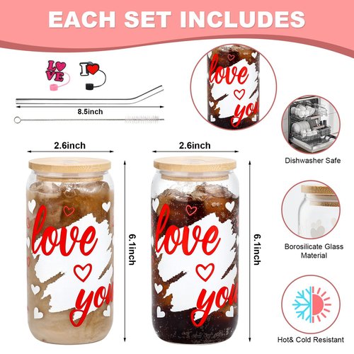 2 Pcs Valentine's Day Glass Cups 16 oz Color Changing Cups with Lids & Straws Iced Coffee Tumbler Drinking Mug with Printed love you Red Heart for Galentines Couple Wedding Anniversary Birthday Gifts