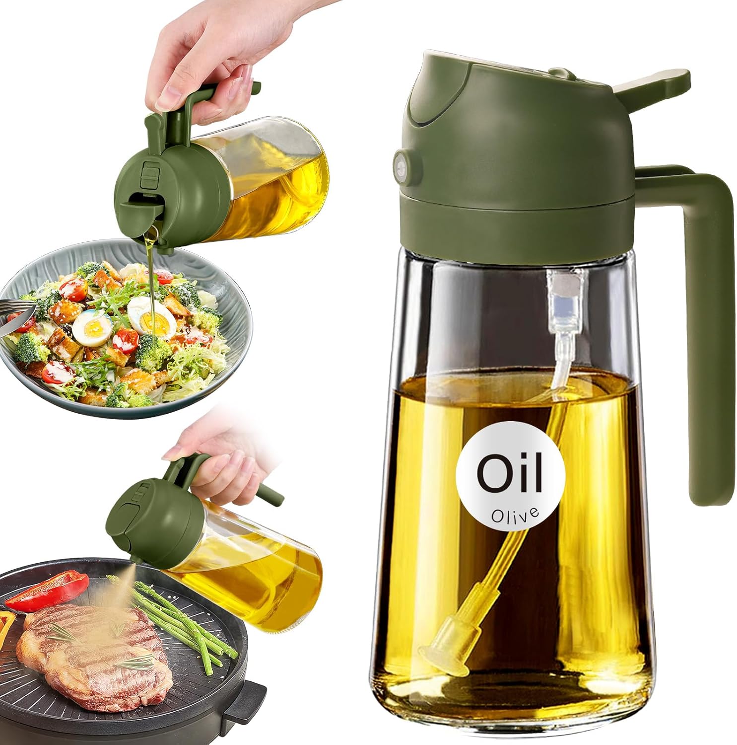 YARRAMATE Glass Olive Oil Sprayer - 16oz Food Grade Premium Spray Bottle with Portion Control | Olive Green