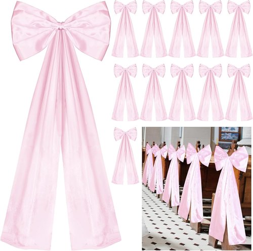 Knitgrip Large Wedding Pew Bows - Elegant Satin Ribbon Aisle Decorations | Pink, 12 Pcs, 12 x 29.5 Inch