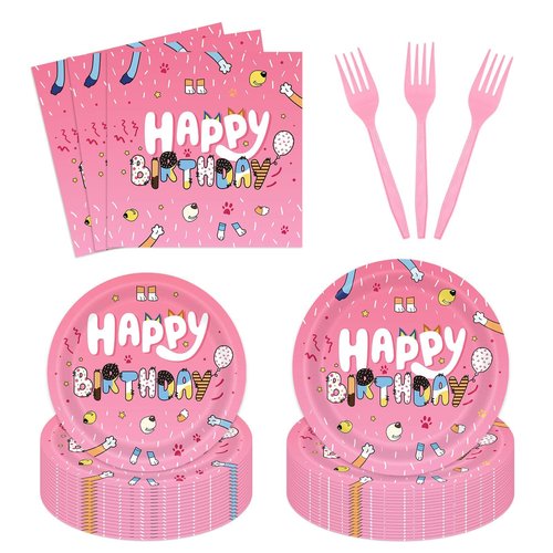 96Pcs Cartoon Pink Dog Tableware Set Disposable Dinnerware for Girls Birthday Party Bday Pink Decorations with Plates and Napkins Sets Serve 24 Guests