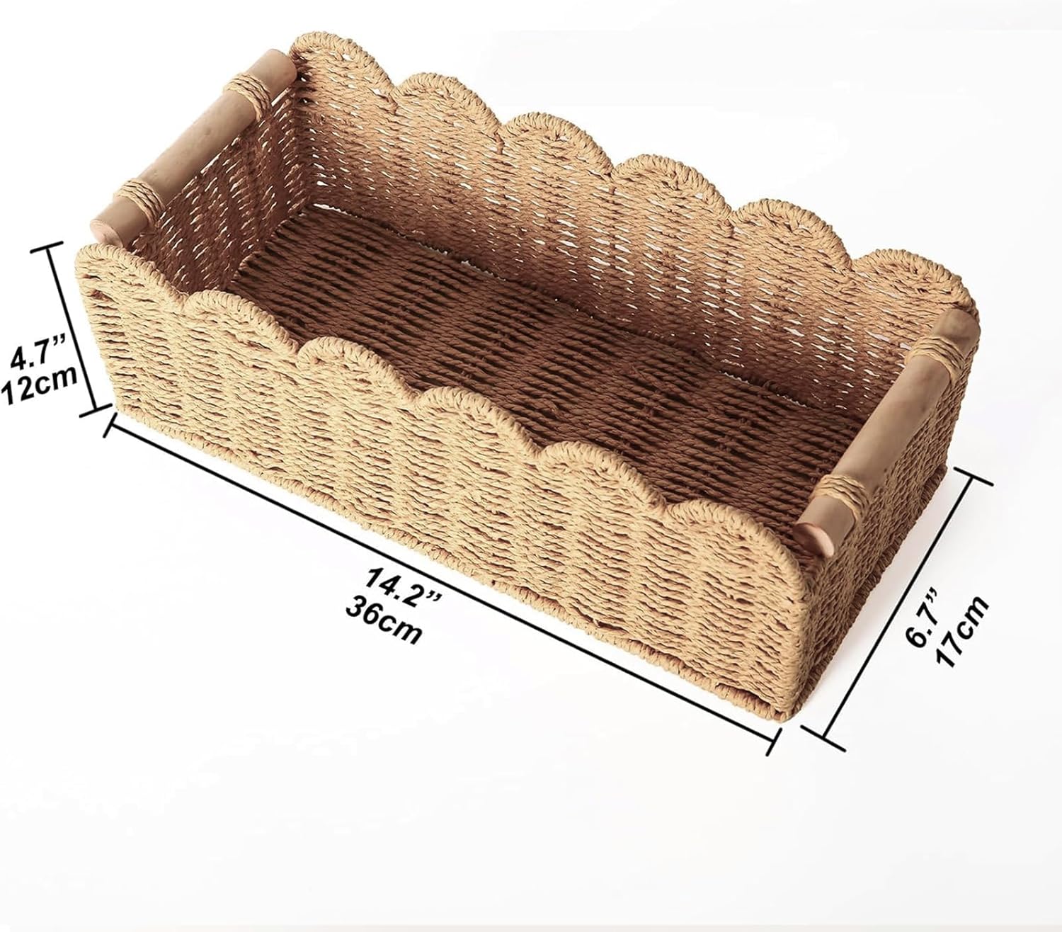 Scalloped Organizer Basket - Hand Woven Paper Rope Toilet Tank Storage with Wooden Handle | 14.2 x 6.5 x 5 Inches