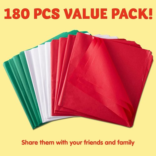 JOYIN Christmas Tissue Paper Assortment - 180 Sheets (20" x 20") in Red, Green & White | Perfect for Gift Wrapping