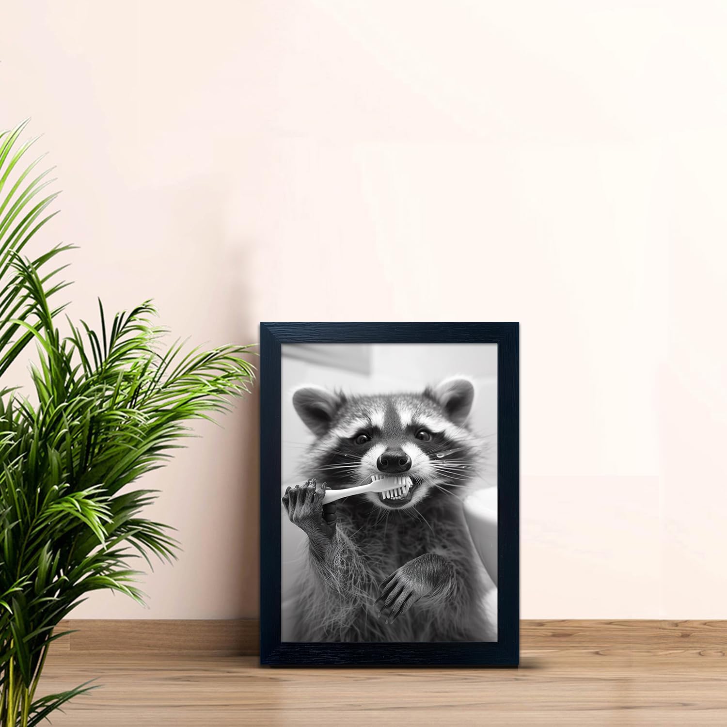 Raccoon Bathroom Art | Funny Black and White Animal Wall Decor | Framed Brushing Teeth Print