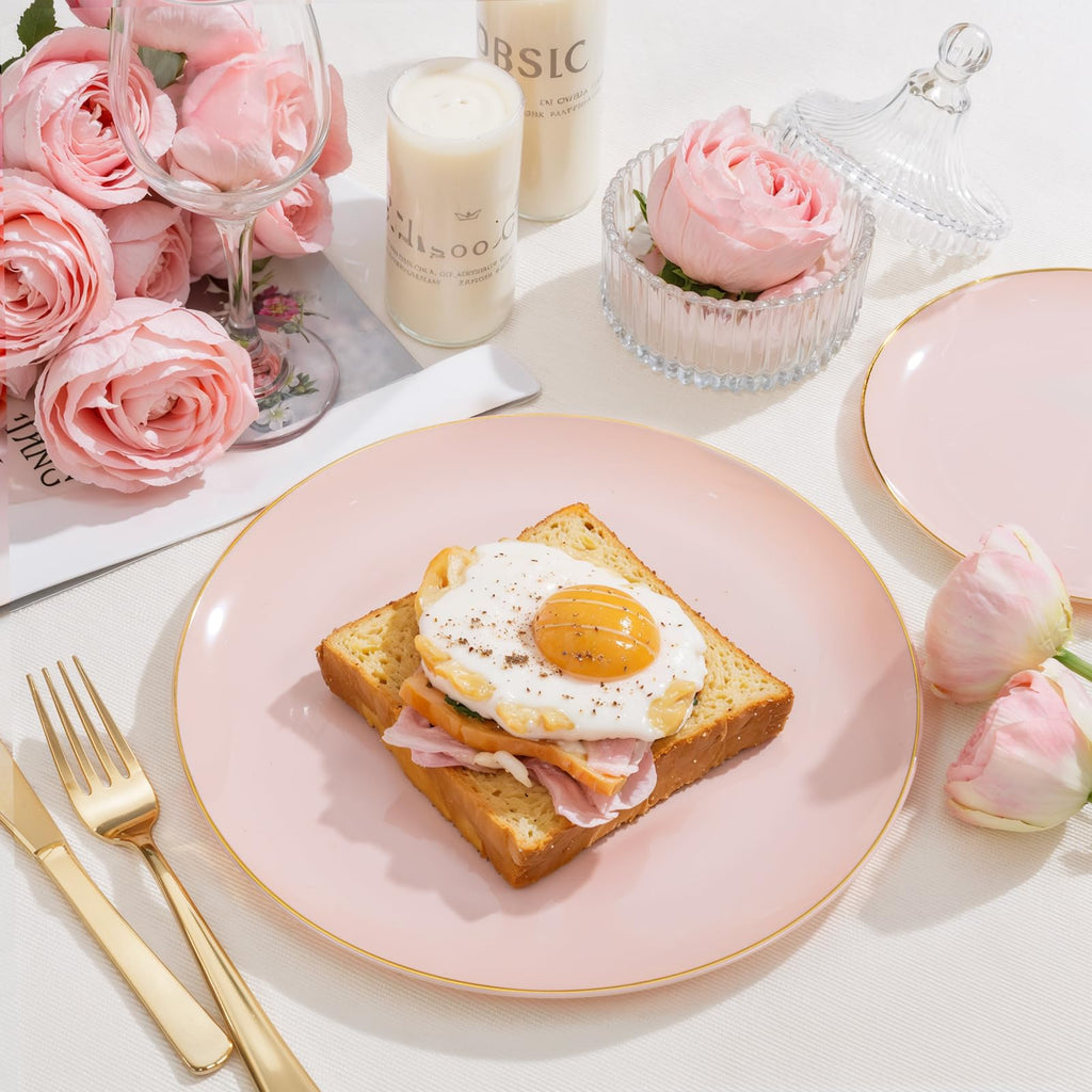 PULOTE 200Pieces Pink Plastic Plates - Premium Hard Pink and Gold Disposable - Include 100PCS 10 inch Dinner & 100PCS 7 inch Dessert Plates, Ideal for Wedding, Party & Mother's Day
