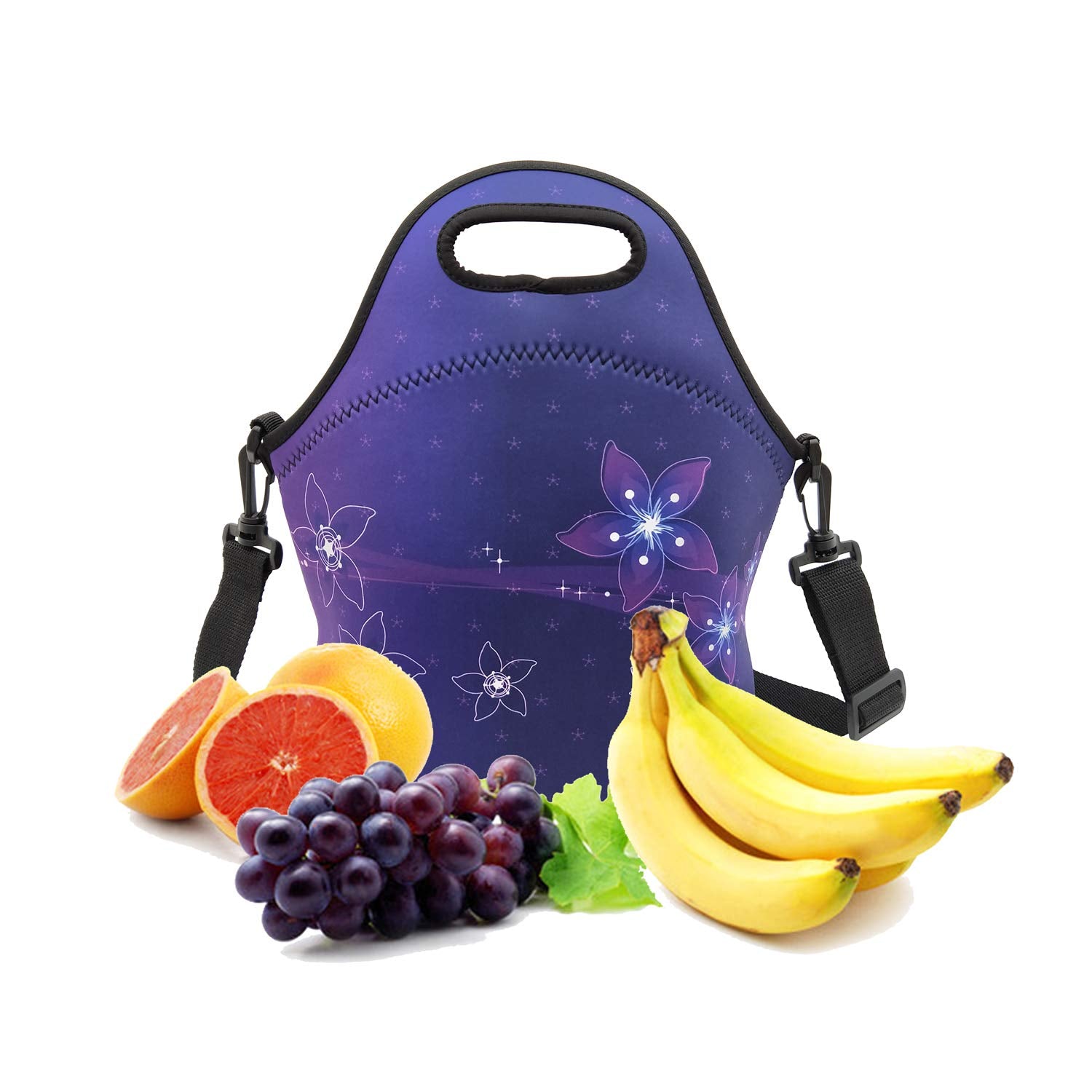 Neoprene Lunch Bags Boxes for Women Men, Insulated Lunch Cooler Tote Bag Box for Office Work Picnic Travel (Purple Flower)