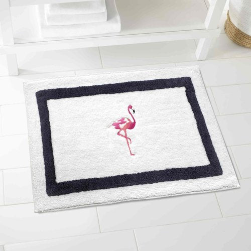 Izod - Bath Mat, Cotton Bath Rug with Navy Border, Non-Skid Latex Backing, Embroidered Bath Decor (Flamingo Collection, 20" x 32")