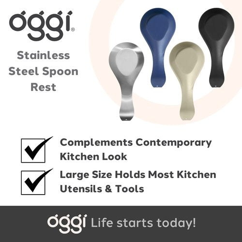 OGGI Stainless Steel Spoon Rest- Long Handle Holds Kitchen Utensils in Place, Great Spoon Rest for Counter, Stove Top, or Coffee Station; Kitchen Accessories, Utensil Rest, Black