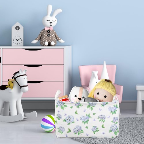 FYSUIMU Blue Floral Nursery Basket Spring Hydrangea Flower Collapsible Storage Box Waterproof Canvas Storage Bin with Handle Girly Gift Toy Box Bin for Baby Shower Bedroom Home Decor