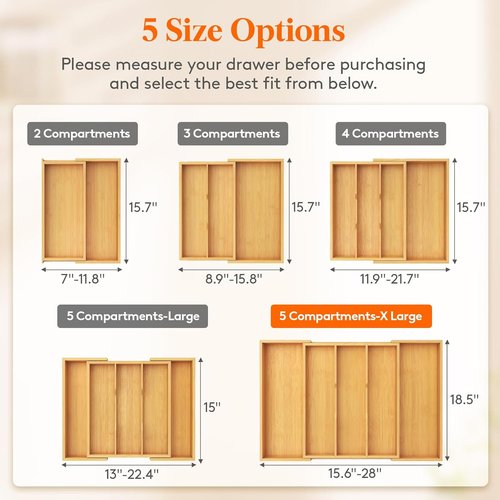 Lifewit Utensil Organizer - Expandable Kitchen Drawer Tray for Cutlery & Flatware | Natural Wood, 15.6-28 x 18.5