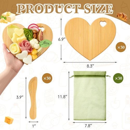 Nuenen 30 Pcs Mini Wooden Charcuterie Board Bulk, Small Wood Cutting Board for Crafts Laser Engraving with Knives Organza Bags Wedding Baby Shower Favors Gift (Heart,Bamboo Color)
