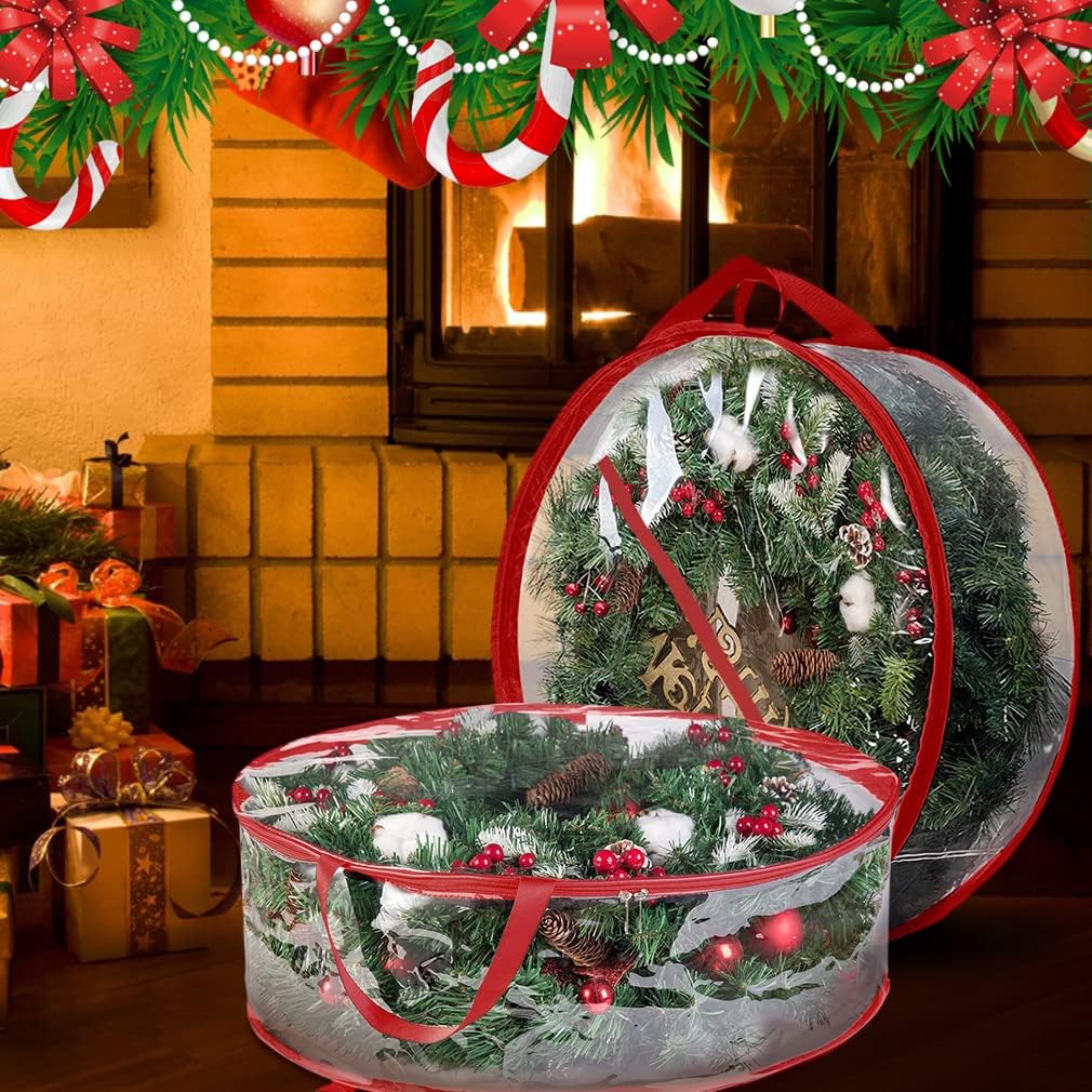 ProPik Christmas Wreath Storage Bag - Waterproof Clear PVC Container for 30" Wreaths | 2-Pack, Red