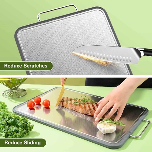 Stainless Steel Cutting Board 16''×11'', Double Sided 304 Steel Cutting Board for Meat, Vegetables & Fruits, Heavy Duty Rust-Resistant Chopping Board for Kitchen with Juice Groove on Both Sides