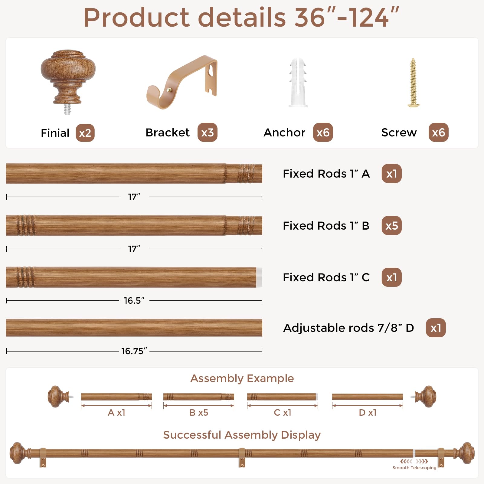 Wolistsa Wood Curtain Rods for Windows 66 to 120 Inch, Boho Vintage Decorative 1 Inch Diameter Long Wooden Curtain Rod, Adjustable Heavy Duty Rustic Farmhouse Drapery Pole with Wood Grain Finials