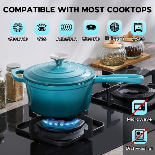 Onader Enameled Cast Iron Sauce Pan, 2QT Saucepan with Lid, Small Cast Iron Pot for Cooking, Enamel Dutch Oven Nonstick & Heavy Duty – Dark Cyan