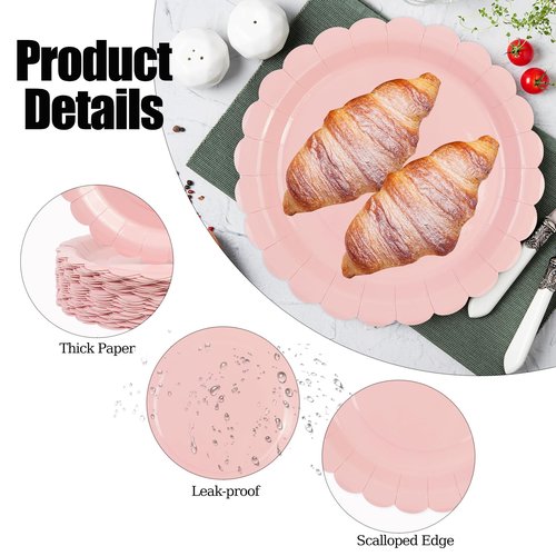 Xjoviative 50 Pcs Pink Paper Plates 7 Inch, Scalloped Paper Plates Disposable Cake Dessert Dinner Plate for Birthday Baby Shower Wedding Party Decorative Supplies (Pink, 7 INCH)
