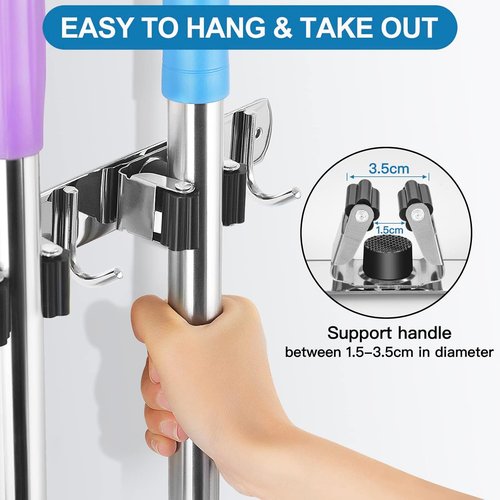IMILLET Wall-Mounted Broom Holder - Heavy-Duty Stainless Steel Storage Organizer | 4 Racks & 5 Hooks